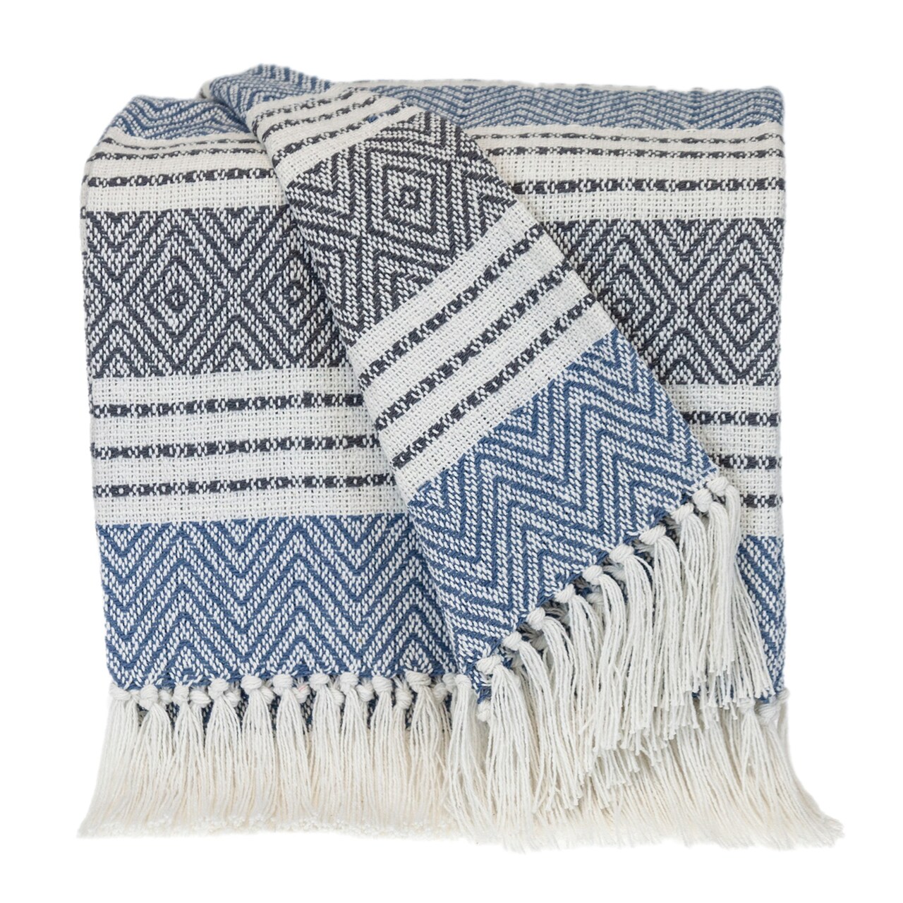 Nassau Collection Geometric Cotton Throw Blanket with Fringes - 50" x 60" - Blue and Charcoal Gray
